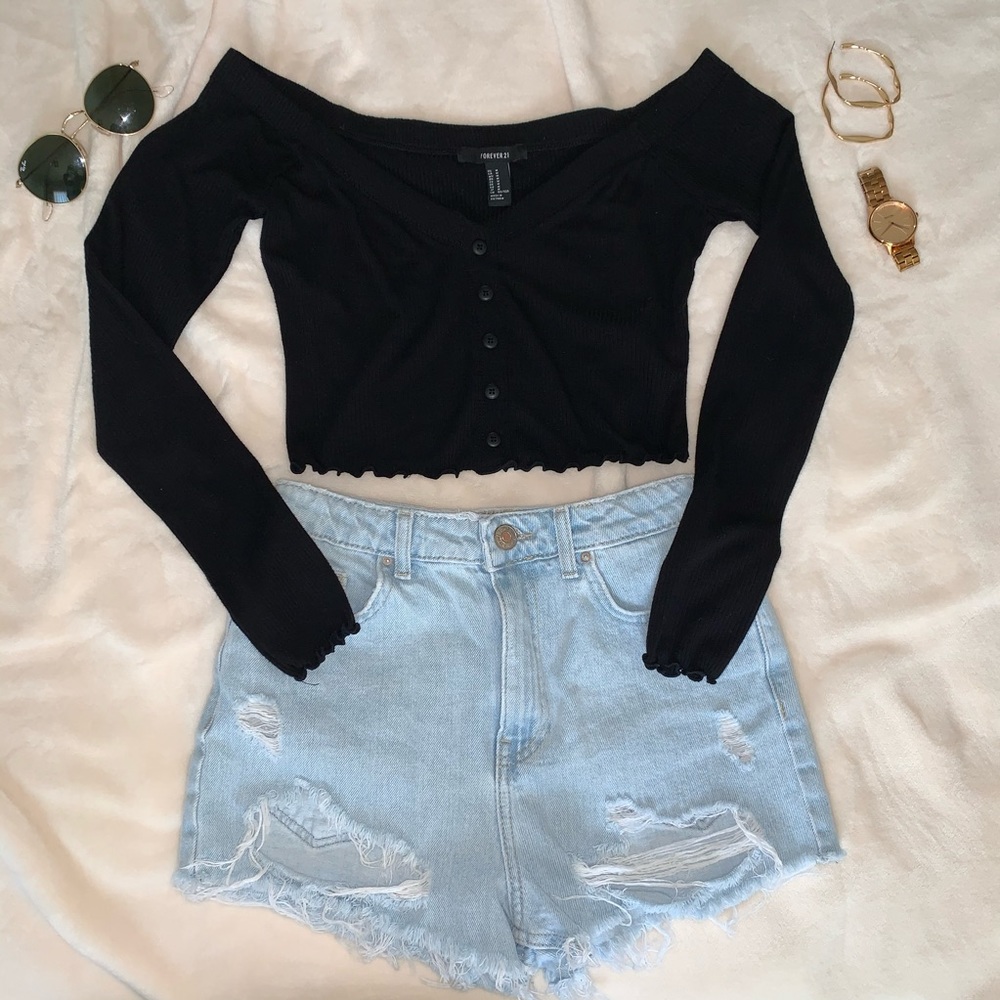 Ribbed Off Shoulder Long Sleeve Crop Top | Black